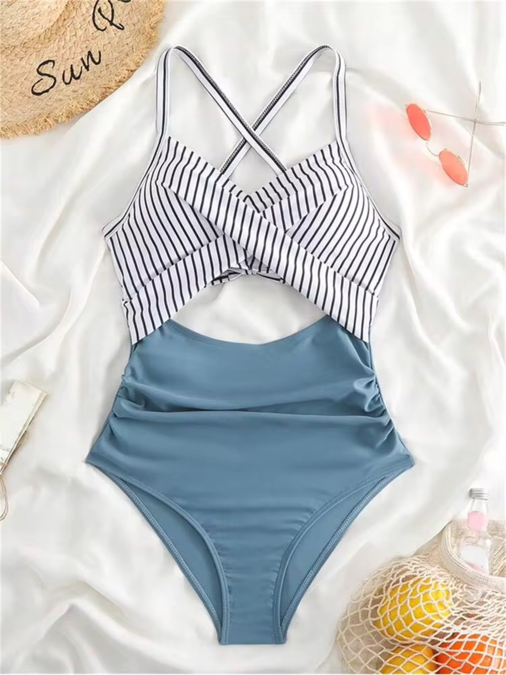 SHEIN White & Blue Striped Crisscross Cutout One-Piece Swimsuit